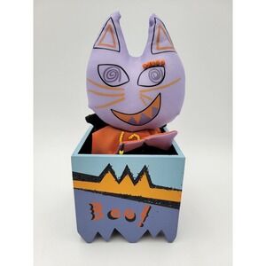 Whimsical fabric Purple Cat bobbles on spring In Wooden Box Halloween Decoration